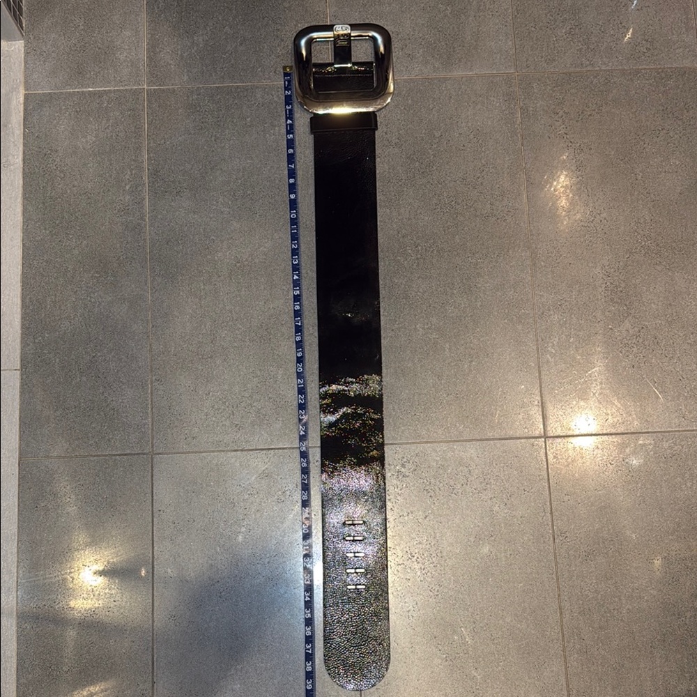 Vintage Y2K Dolce & Gabbana Black Leather Belt w Giant Mirrored Buckle 85 CM - Picture 5 of 7